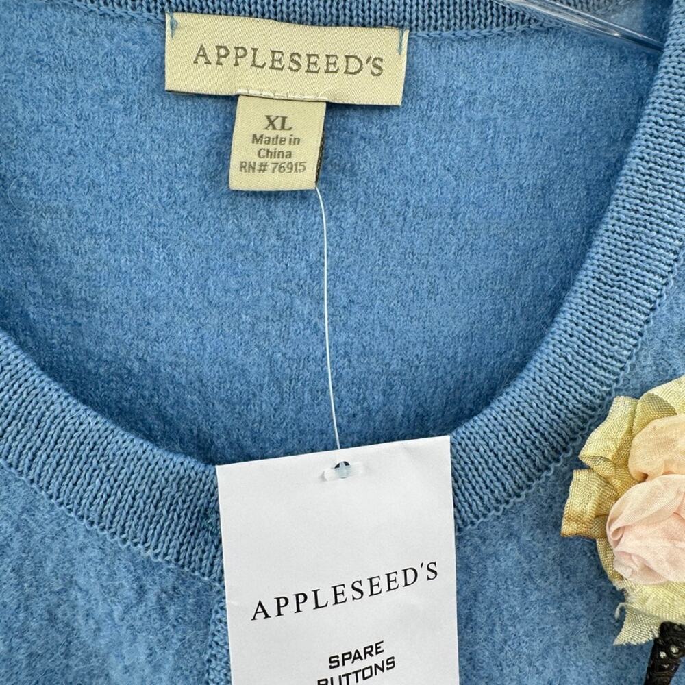 Appleseed's Boiled Wool Embroidered Button Front Cardigan Blue Sz XL Floral - Picture 4 of 5